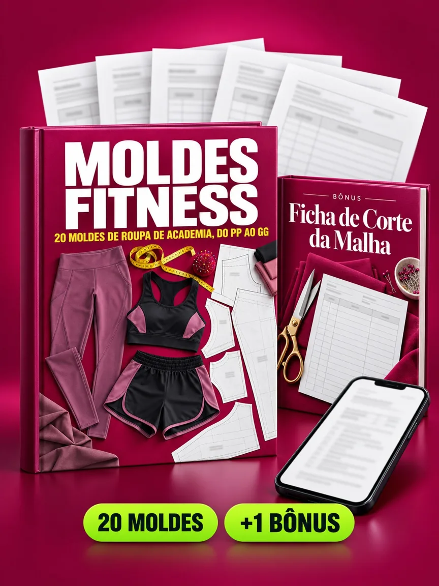 Montagem ilustrativa do Moldes Fitness: livro com a capa, páginas do material e celular e capas dos bônus