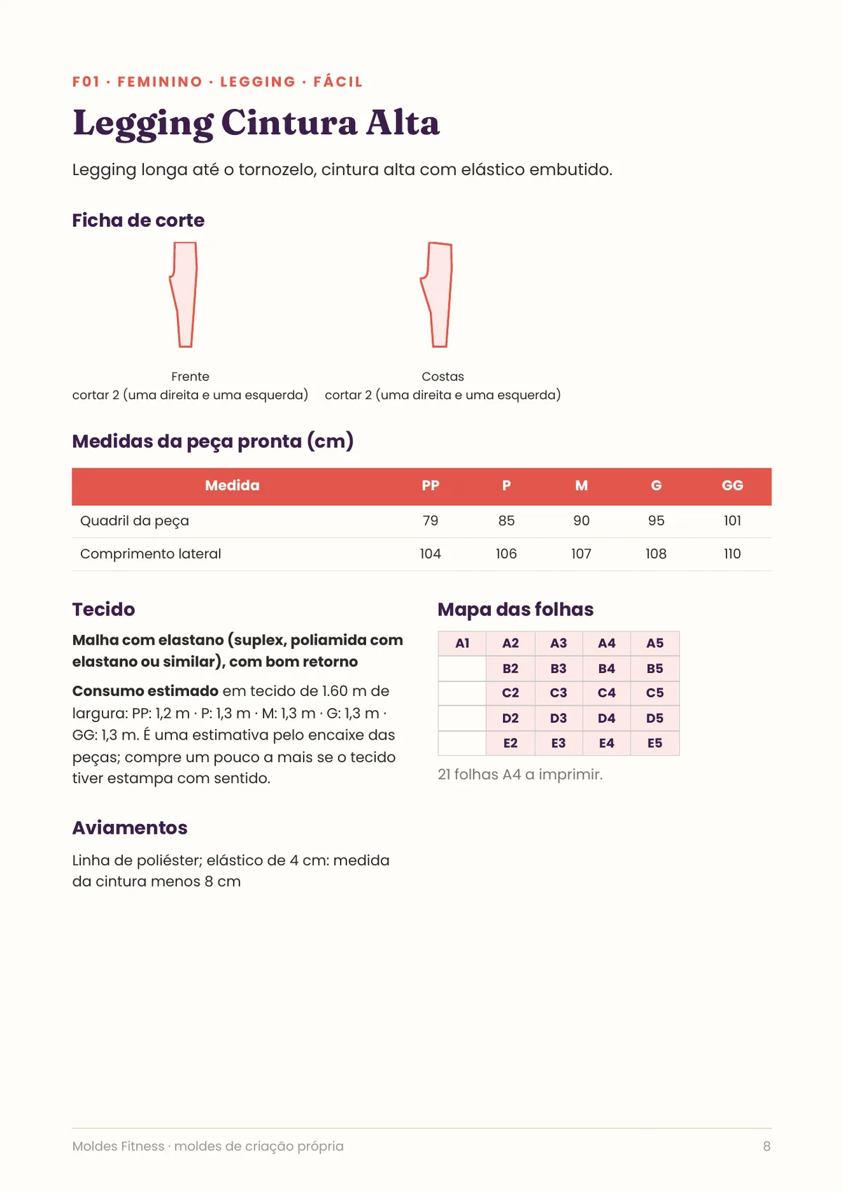 Página real do PDF Moldes Fitness: ficha de corte da malha